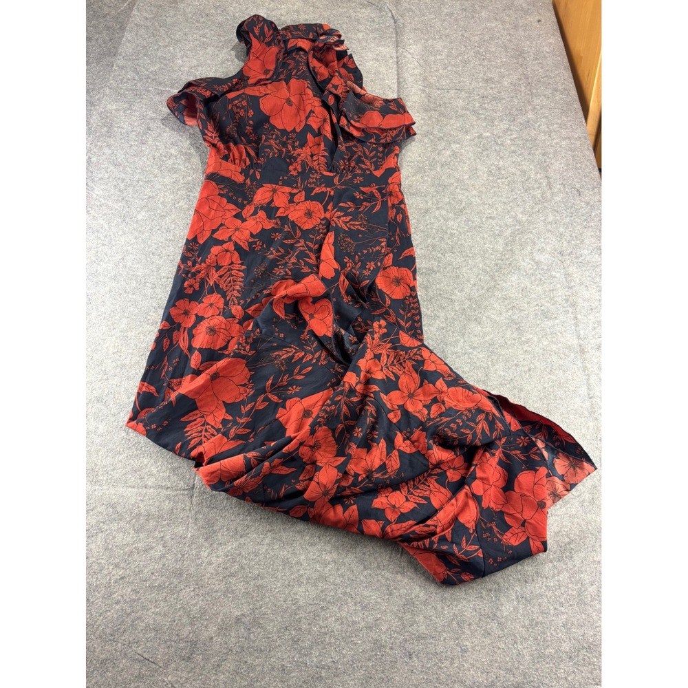 PrettyLittleThing Floral Ruffle Maxi Dress Navy Red High Neck Sleeveless US 10